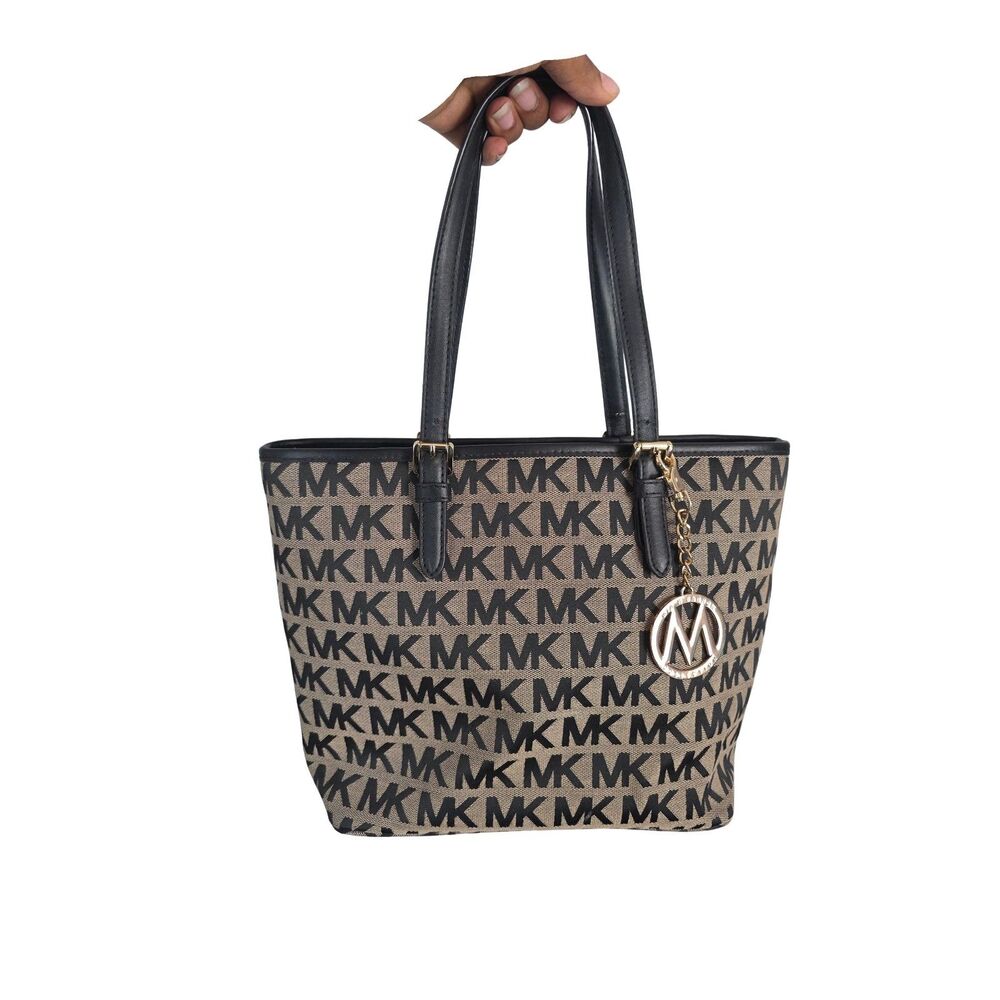 Michael Kors Jet Set Small Signature Jacquard Monogram Tote Bag Beige Black